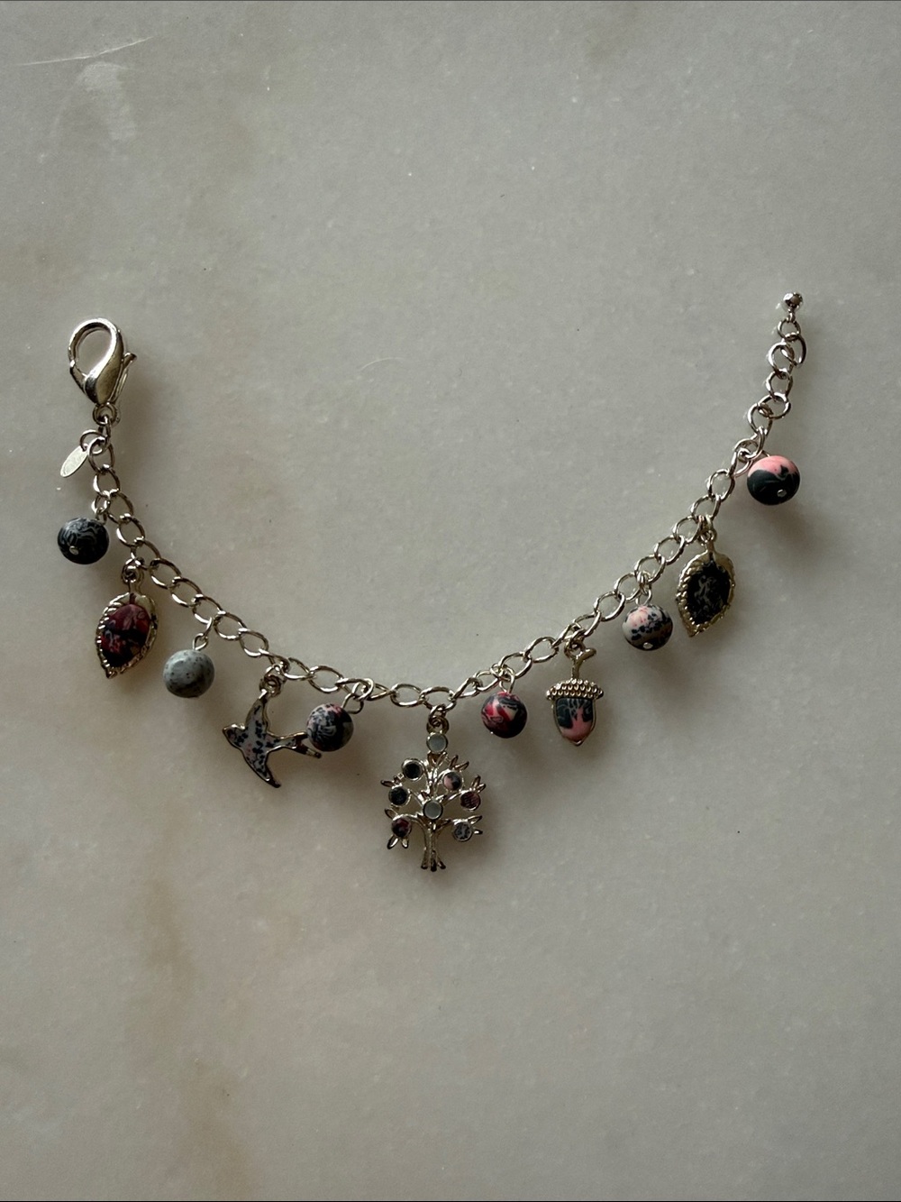 Silver Charm Bracelet with Pink and Black Beads